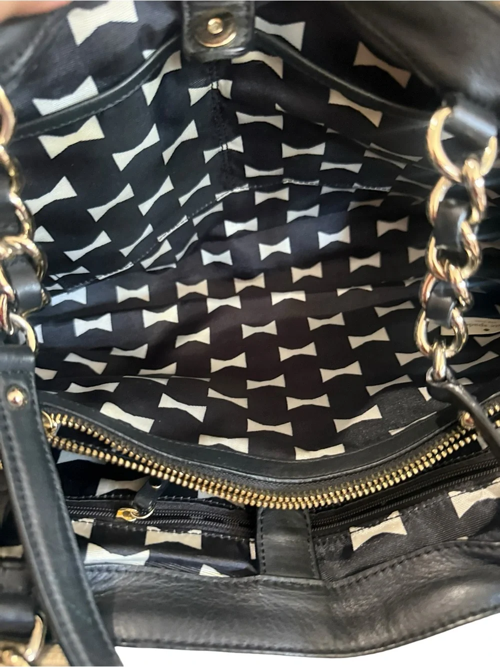 kate spade Beige Woven Shoulder Bag with Black Bow and Chain Straps